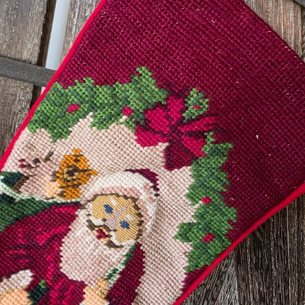 Santa Claus Christmas Stocking Needlepoint Hand‎ Crafted Handmade Vintage 19.5